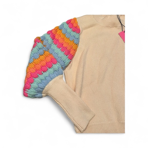 NWT THML Women's Beige Ribbed Sweater with Colorful Sleeves - Picture 2 of 4